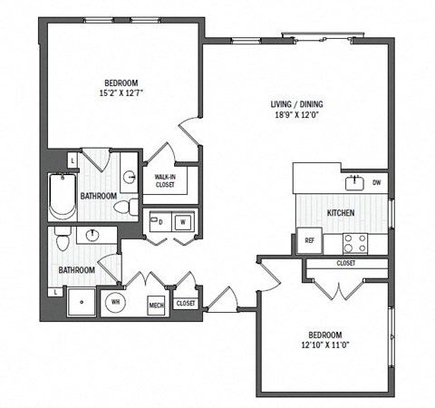 Floor plan for 2 beds, 2 baths, 1054 sqft